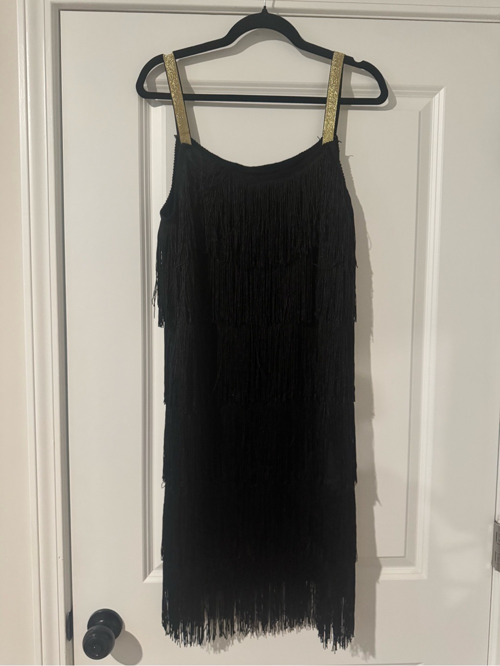 Black Fringe Slip Dress with Gold Straps